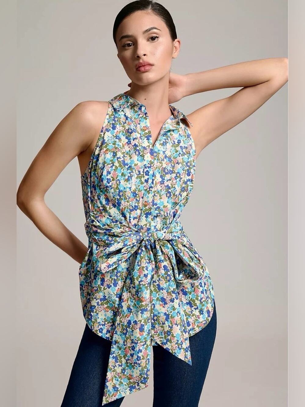 MAEVE ANTHROPOLGIE floral front tie high neck sleeveless blouse S